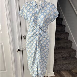 Ecru Elegant Blue and White Ruched Dress . Size 8 NWT